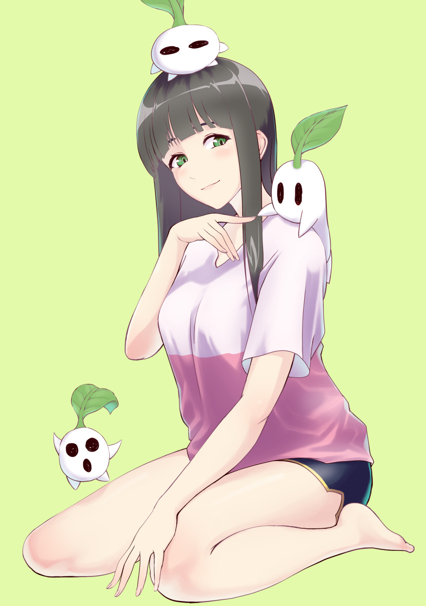 1girl, absurdres, bangs, barefoot, black_hair, black_shorts, blunt_bangs, cereal_(cerealoekaki)