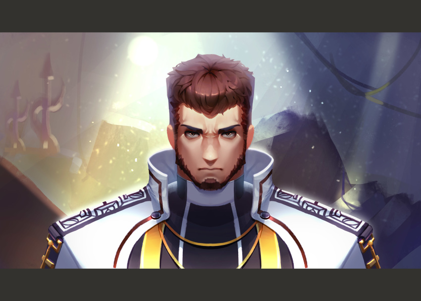 1boy, absurdres, backlighting, beard, brown_hair, close-up, cropped_shoulders, cross, cross_necklace, dungeon_and_fighter, face, facial_hair, frown, glowing, high_collar, highres, jewelry, male_focus, male_priest_(dungeon_and_fighter), manly, my_eight, necklace, priest, short_hair, solo, upper_body