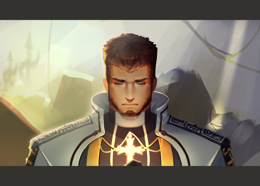 1boy, absurdres, backlighting, beard, brown_hair, close-up, closed_eyes, cropped_shoulders