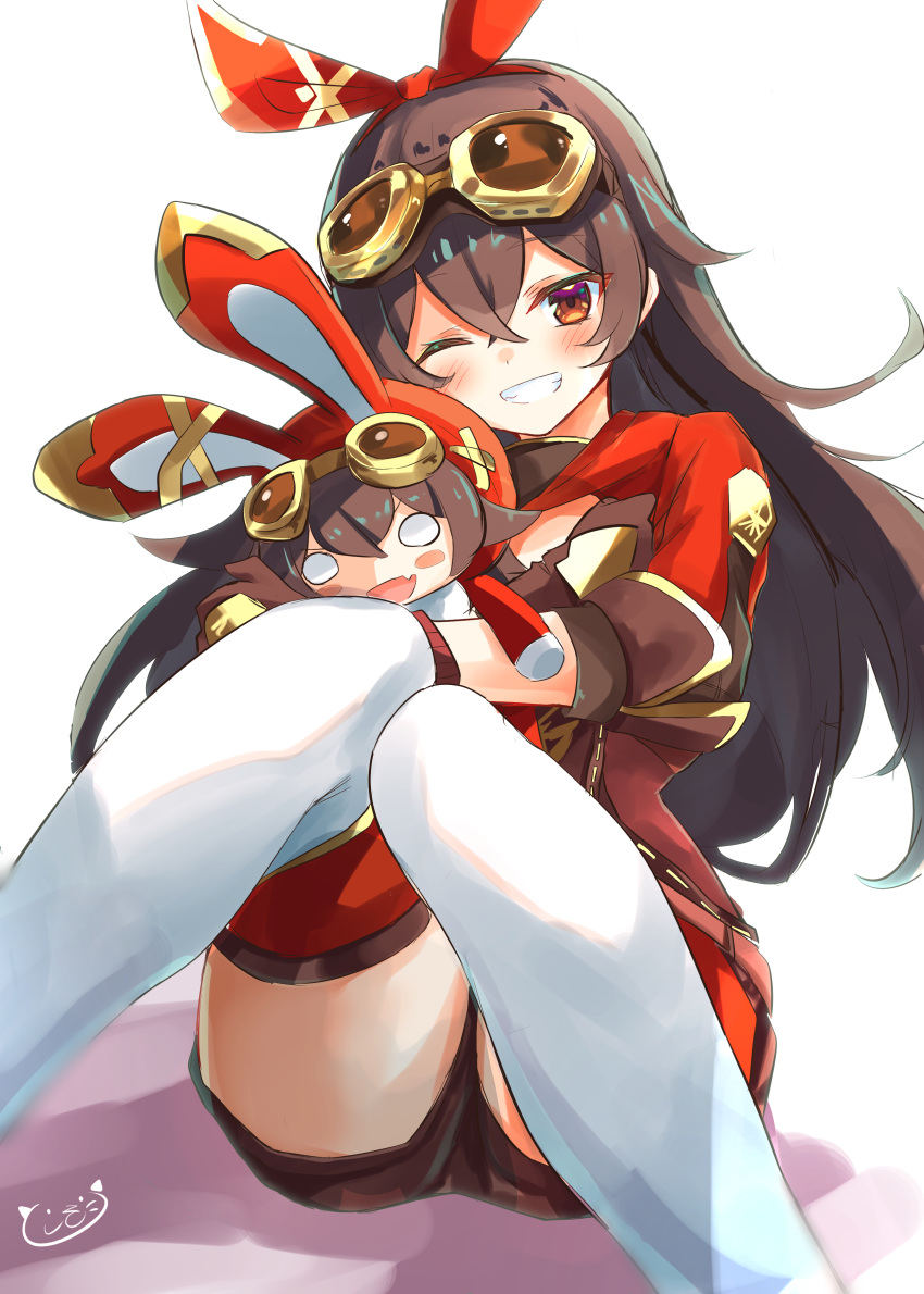 1girl, :d, absurdres, amber_(genshin_impact), animal_ears, baron_bunny, blush, brown_eyes