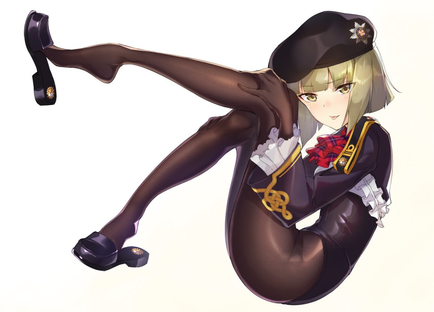 1girl, :p, ascot, ash_arms, bangs, beret, black_footwear, black_gloves