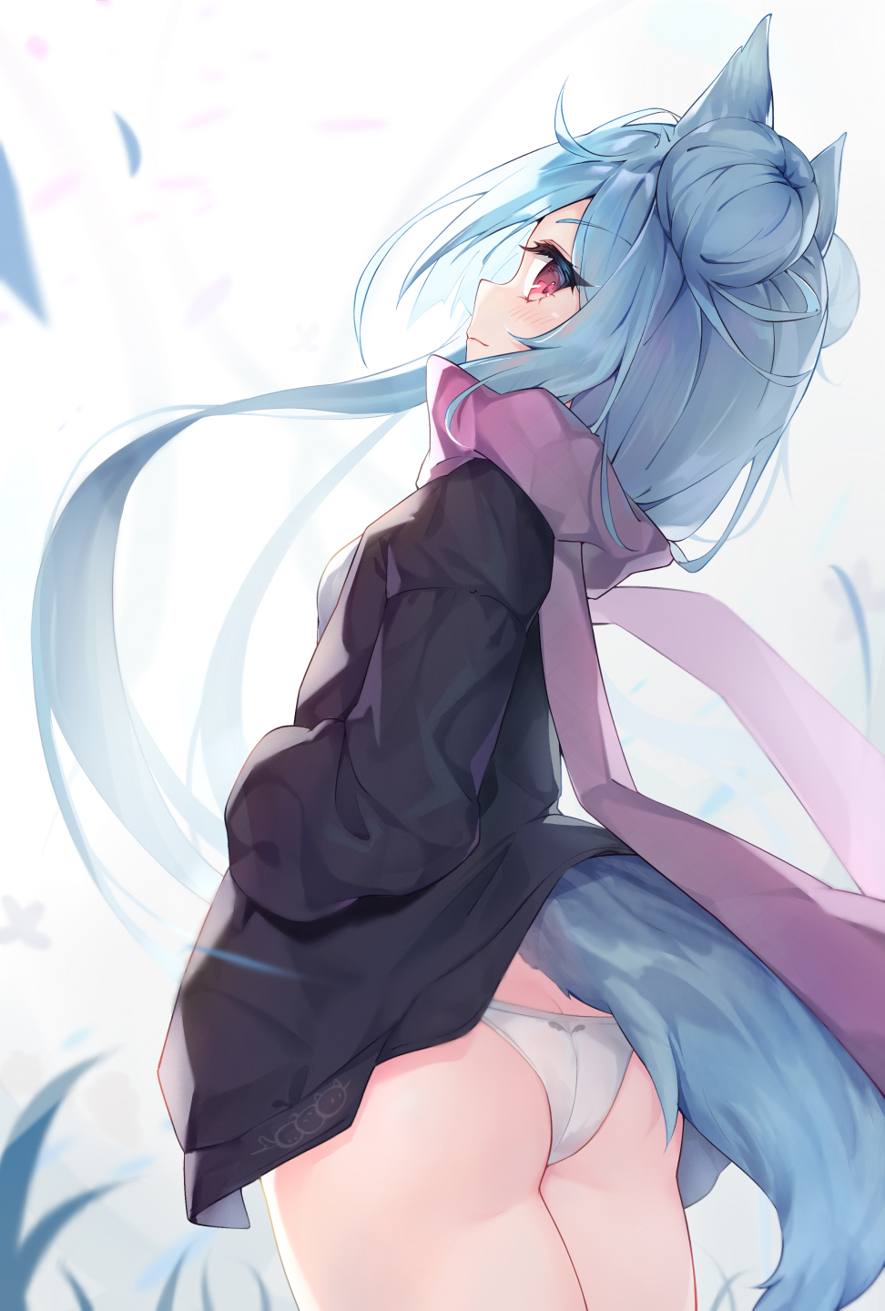 1girl, animal_ears, bangs, black_jacket, blue_hair, blush, closed_mouth, commentary