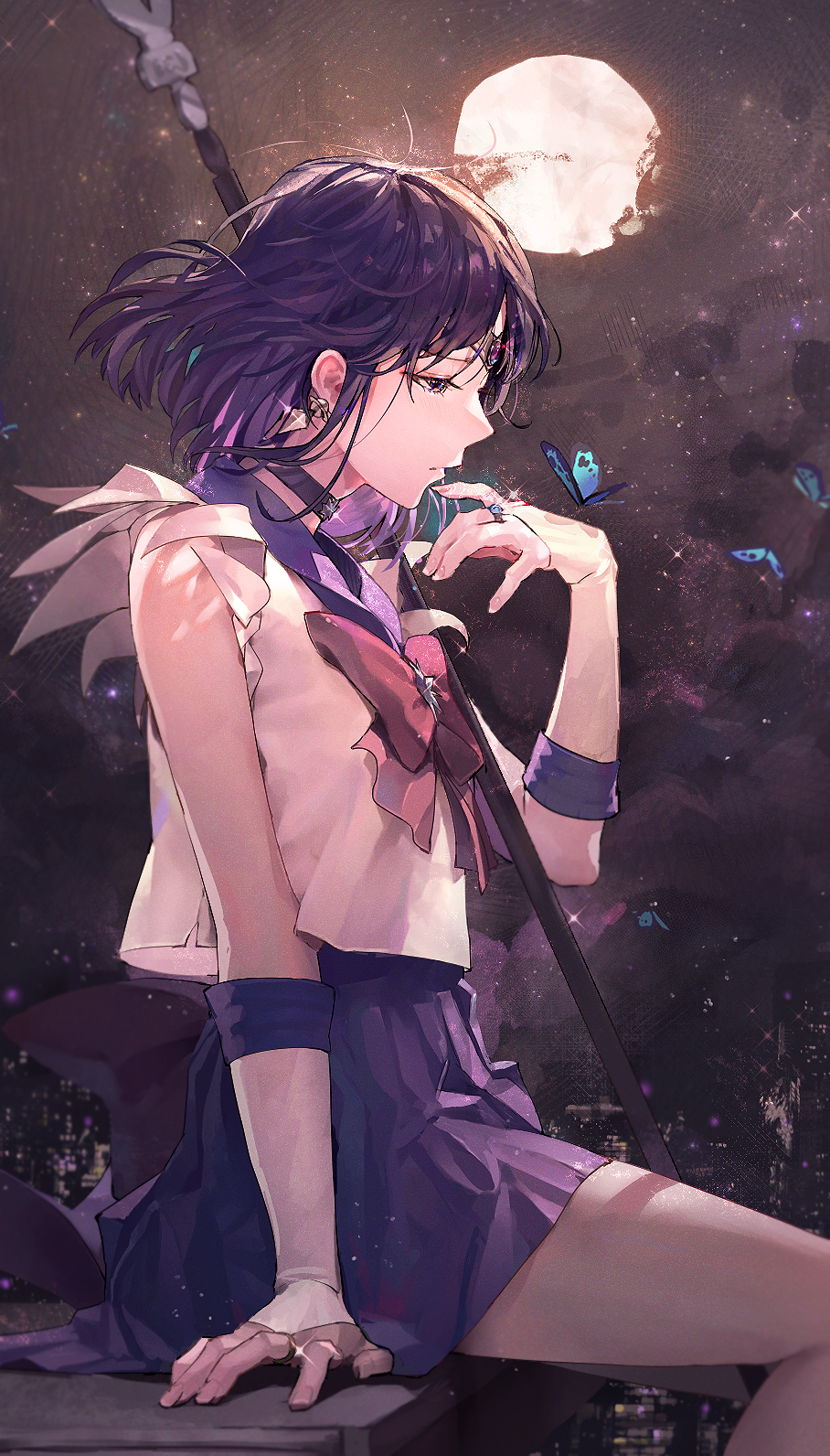 1girl, animal, arm_at_side, arm_support, back_bow, bangs, bare_shoulders, bishoujo_senshi_sailor_moon