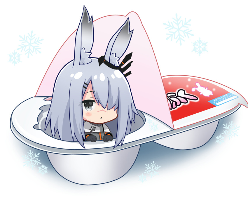 1girl, animal_ear_fluff, animal_ears, arknights, black_gloves, capelet, chibi, commentary_request, frostnova_(arknights), gloves, grey_eyes, grey_hair, grey_jacket, hair_ornament, hair_over_one_eye, hands_up, in_container, jacket, kitara_koichi, long_hair, long_sleeves, looking_at_viewer, parted_lips, rabbit_ears, shadow, snowflakes, solo, white_background, white_capelet