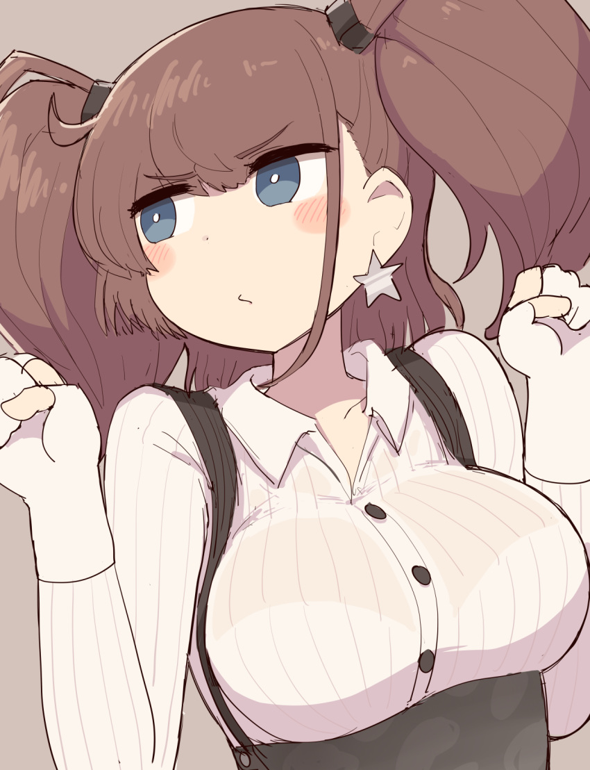 1girl, atlanta_(kantai_collection), bangs, blue_eyes, blush, breasts, brown_background, brown_hair