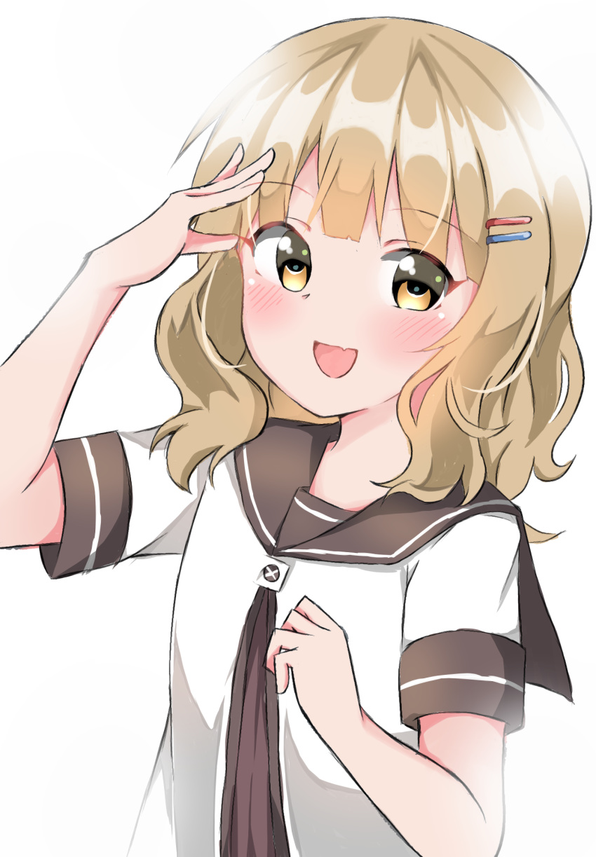 1girl, arm_up, bangs, black_sailor_collar, blunt_bangs, blush, dress, fang