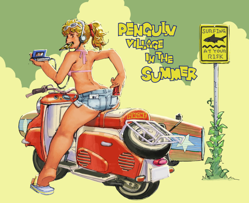 1girl, ass, bikini, bikini_top, blonde_hair, blue_eyes, cassette_player, cassette_tape