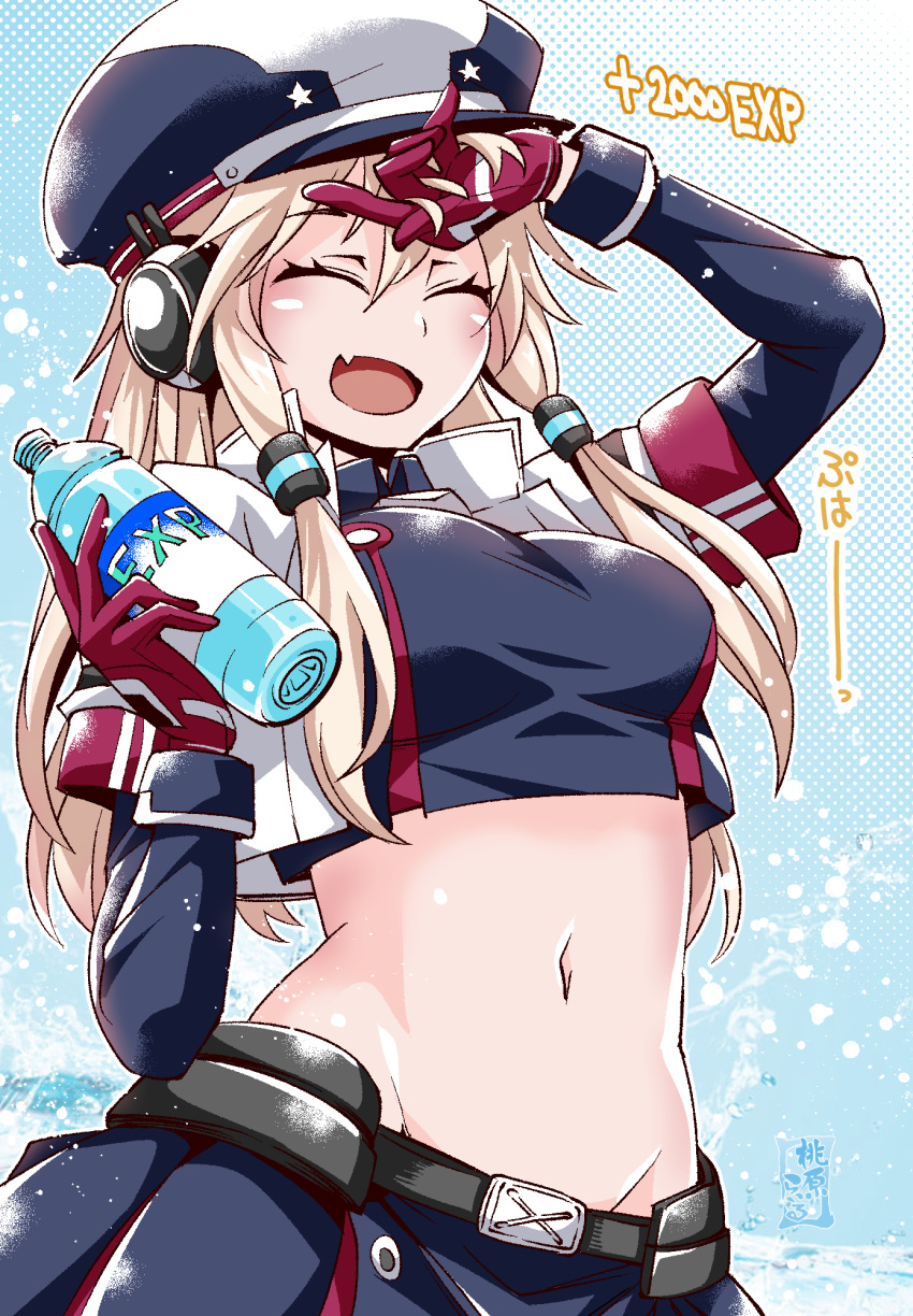 1girl, bangs, belt, blonde_hair, blue_oath, blue_shirt, bottle, breasts, contrapposto, crop_top, cropped_jacket, gameplay_mechanics, gloves, hair_between_eyes, hair_tubes, hat, headphones, highres, holding, holding_bottle, jacket, long_hair, long_sleeves, medium_breasts, midriff, miniskirt, momohara_rile, navel, nib_pen_(medium), oakland_(blue_oath), open_clothes, open_jacket, open_mouth, pleated_skirt, red_gloves, red_skirt, shirt, sidelocks, skirt, smile, solo, stomach, traditional_media, two-tone_skirt, white_jacket