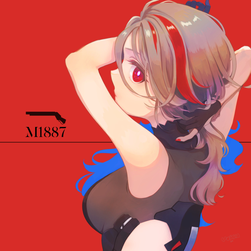 1girl, ameri_(cham), ankle_boots, armpits, arms_up, black_gloves, boots, breasts