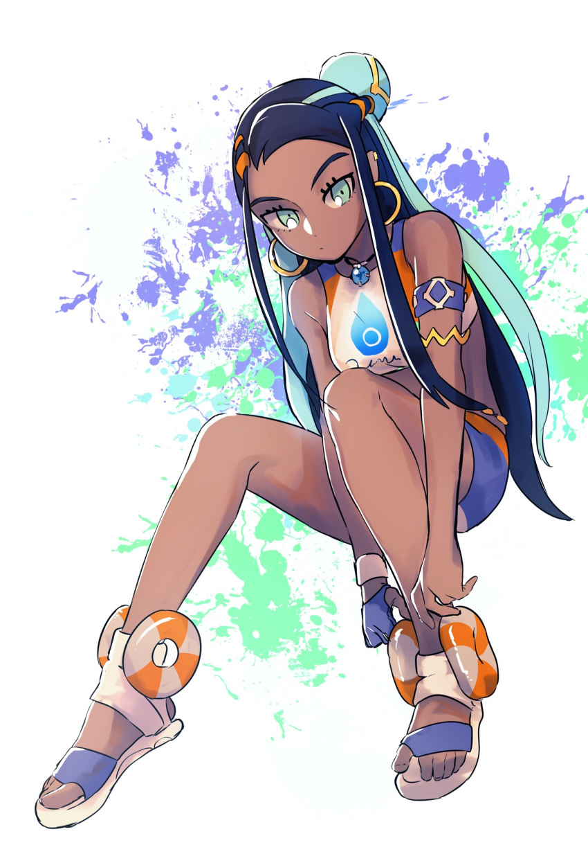1girl, adjusting_clothes, adjusting_footwear, aqua_eyes, aqua_hair, armlet, bare_shoulders, blue_gloves