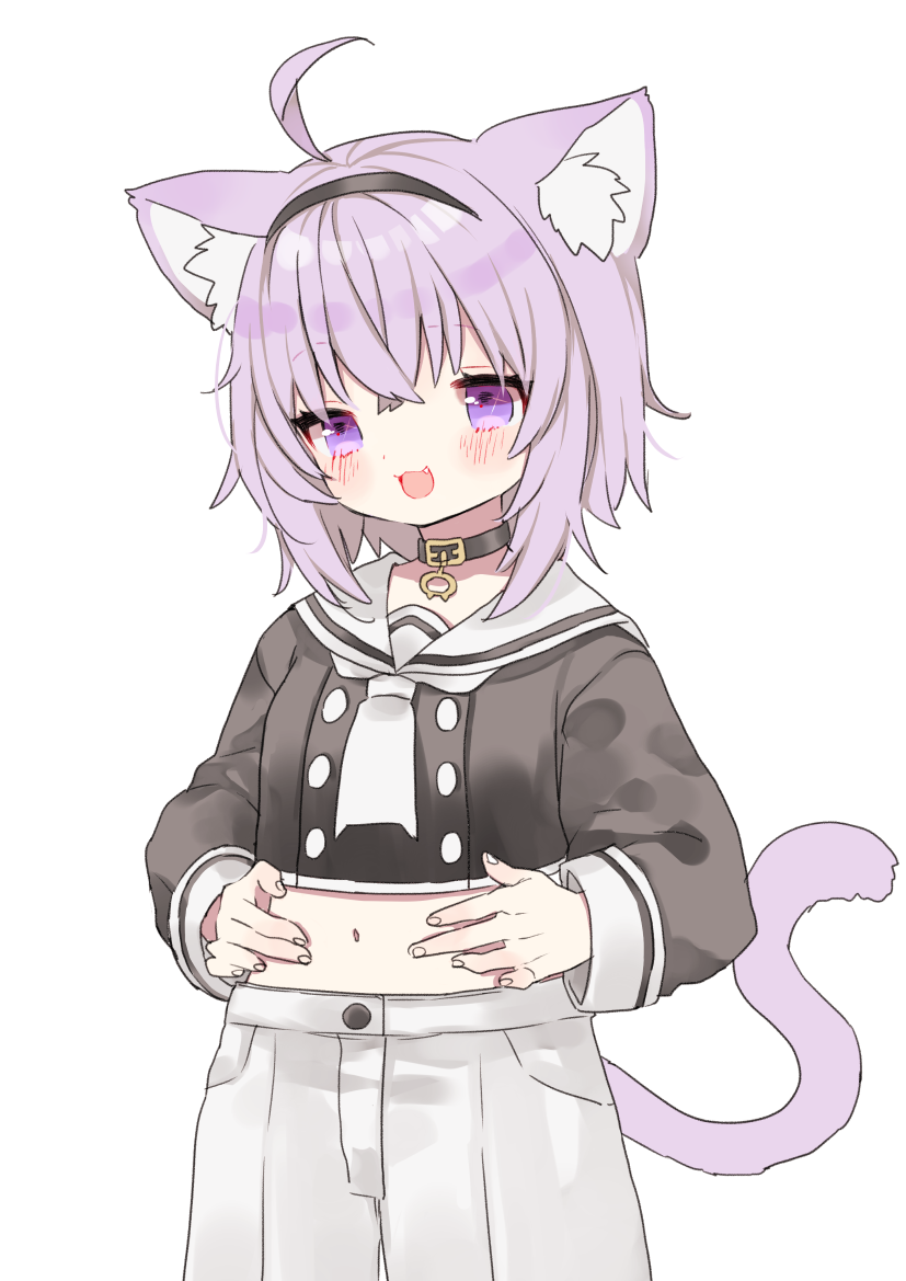 1girl, :3, :d, ahoge, animal_ear_fluff, animal_ears, blush, cat_ears, cat_tail, collar, cowboy_shot, fang, hairband, hands_on_own_stomach, hololive, long_sleeves, maitou, midriff, navel, nekomata_okayu, open_mouth, pants, purple_hair, sailor_collar, short_hair, simple_background, smile, solo, tail, violet_eyes, white_background