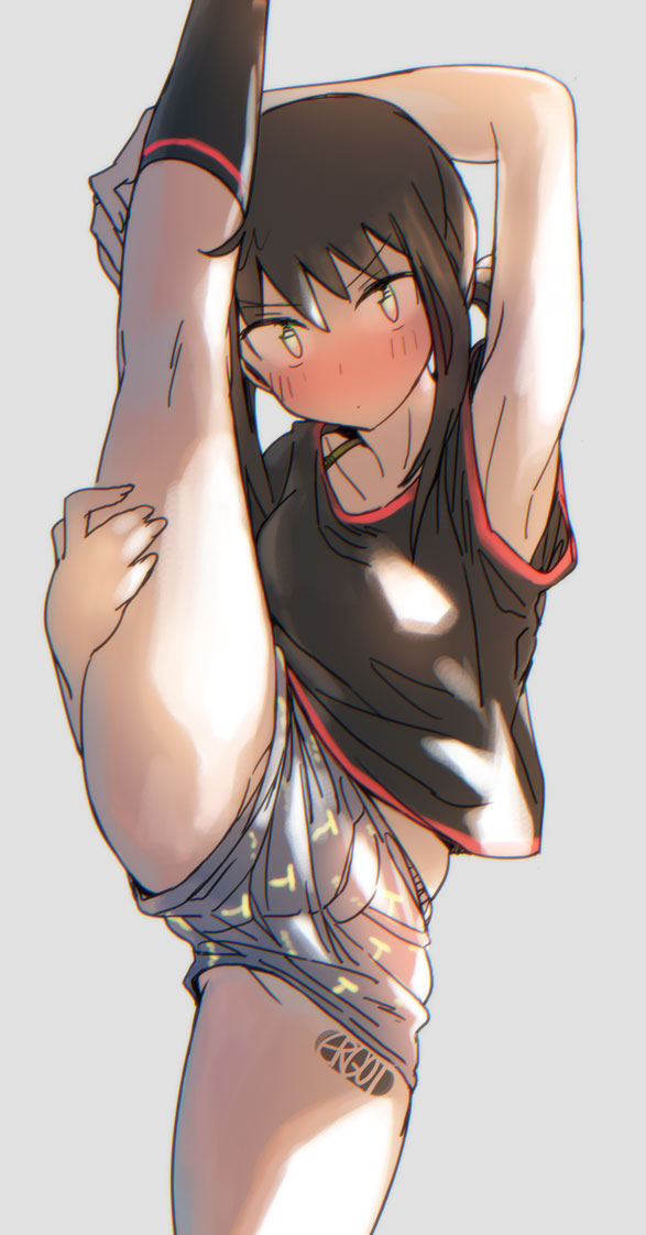 1girl, alternate_costume, bangs, black_hair, black_legwear, black_shirt, blush, bra_strap
