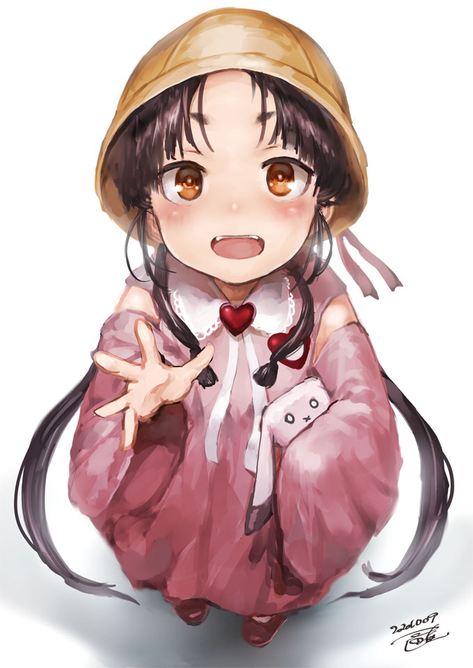 1girl, :d, alternate_hairstyle, black_hair, brown_eyes, cosplay, dated, full_body