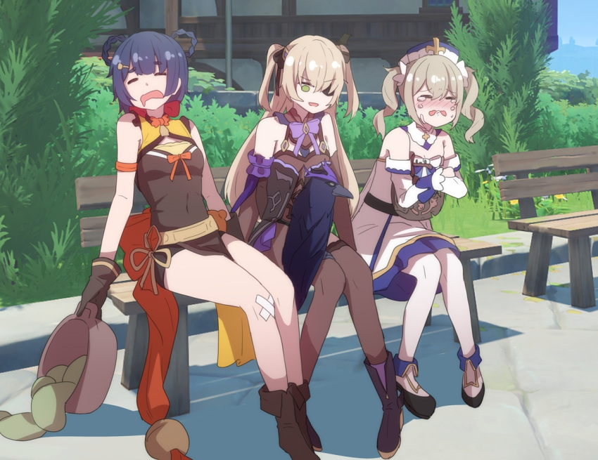 3girls, bandaid, bandaid_on_knee, barbara_(genshin_impact), bench, bird, blonde_hair, blue_hair