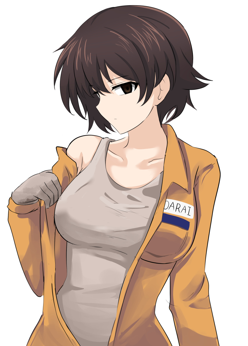 1girl, absurdres, aikir_(jml5160), breasts, brown_eyes, brown_hair, cowboy_shot, facing_away