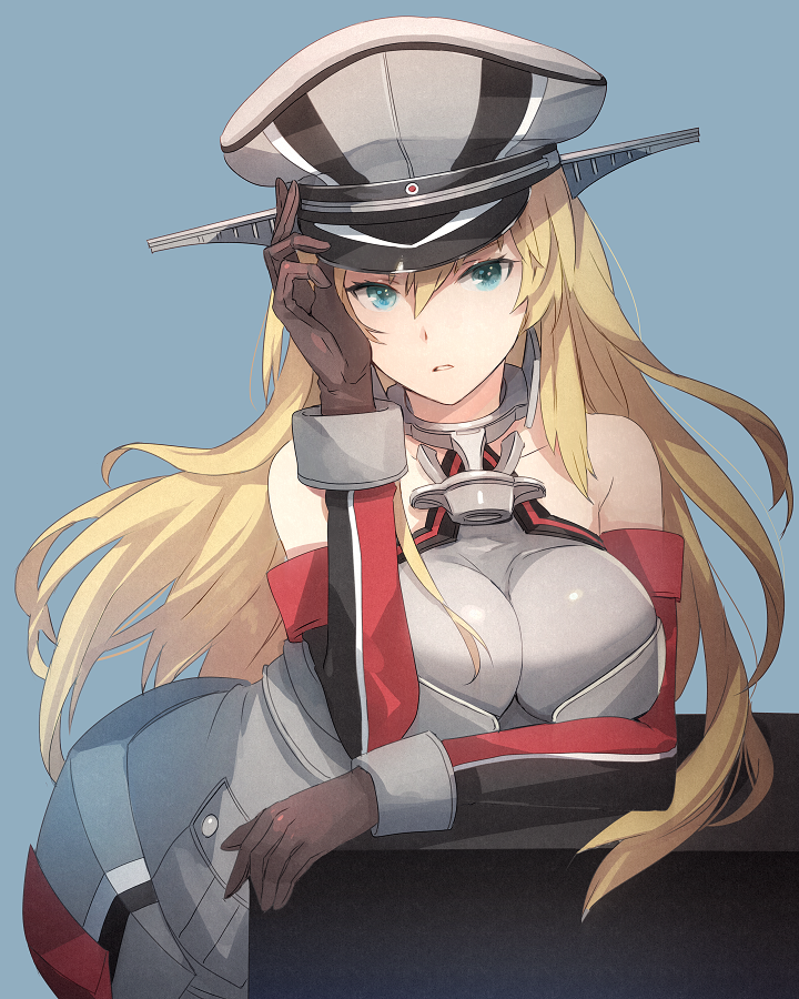 1girl, bismarck_(kantai_collection), blonde_hair, blue_background, blue_eyes, breastplate, breasts, brown_gloves