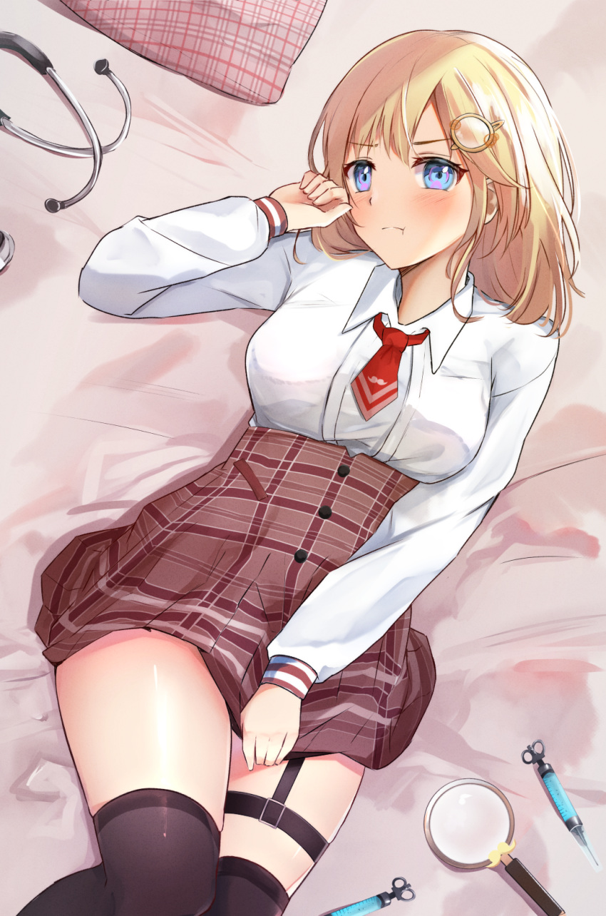 1girl, bangs, bed_sheet, black_legwear, blonde_hair, blue_eyes, blush, breasts