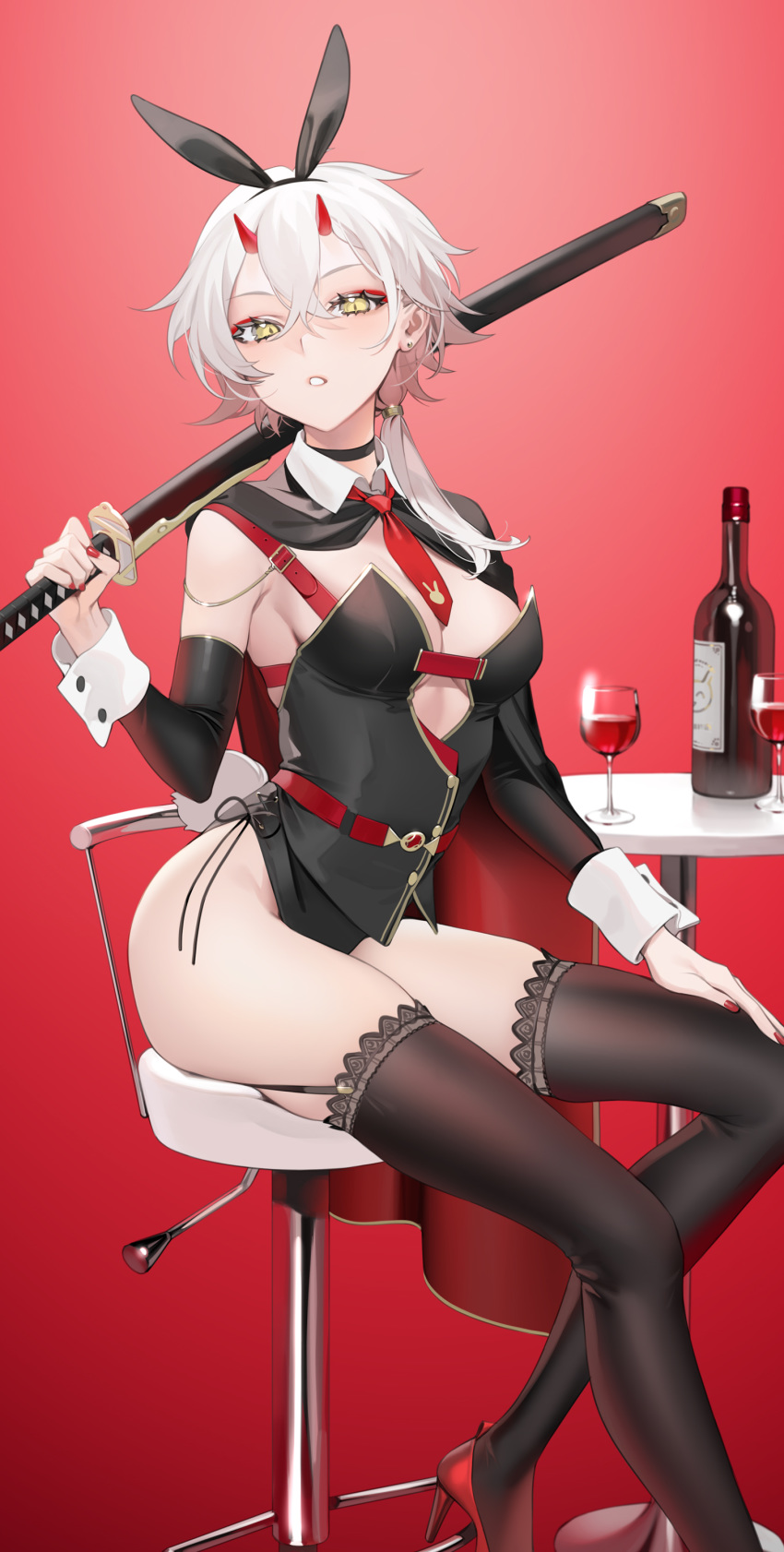 1girl, absurdres, alcohol, azur_lane, bangs, bare_shoulders, black_cape, black_legwear