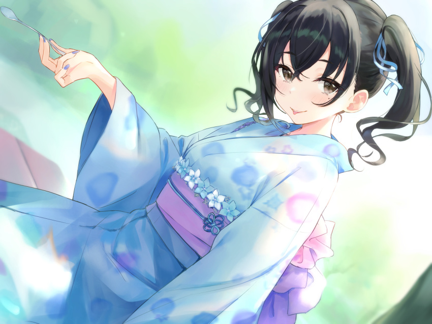 1girl, bangs, black_eyes, black_hair, blue_kimono, blue_nails, blue_ribbon, blurry