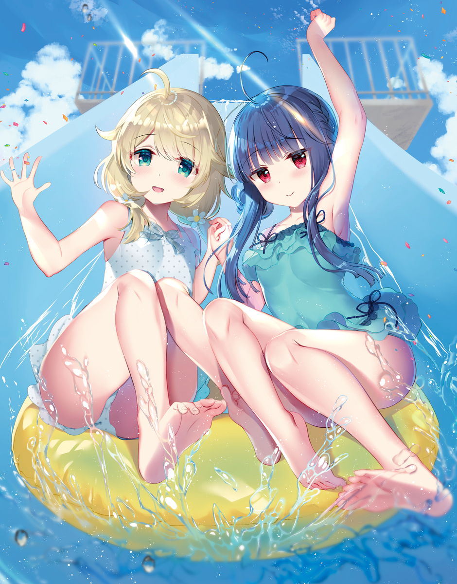 2girls, ahoge, bangs, bare_arms, bare_legs, barefoot, blonde_hair, blue_hair