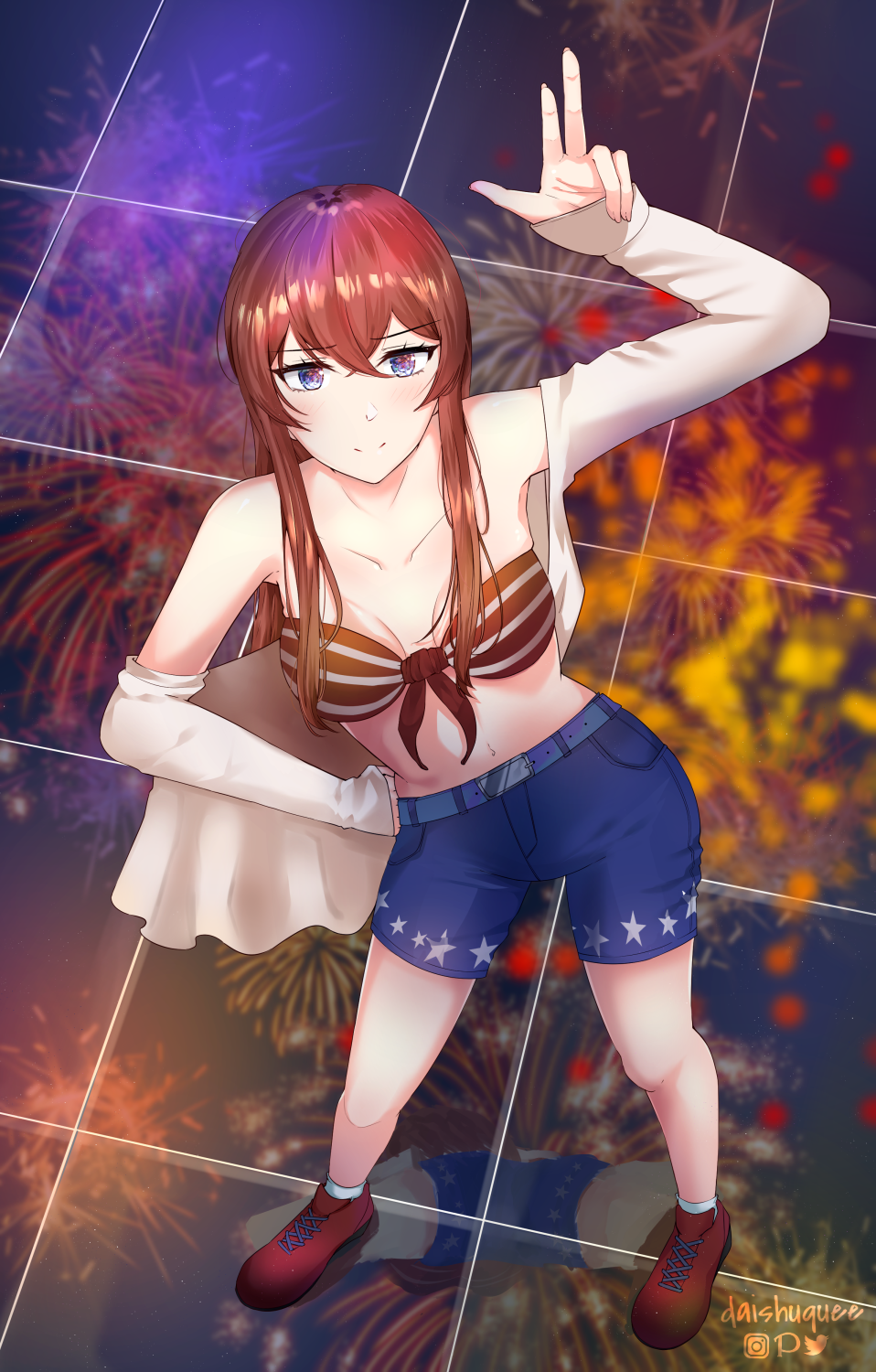 1girl, belt, bikini, blue_eyes, blue_shorts, breasts, closed_mouth, daishuquee