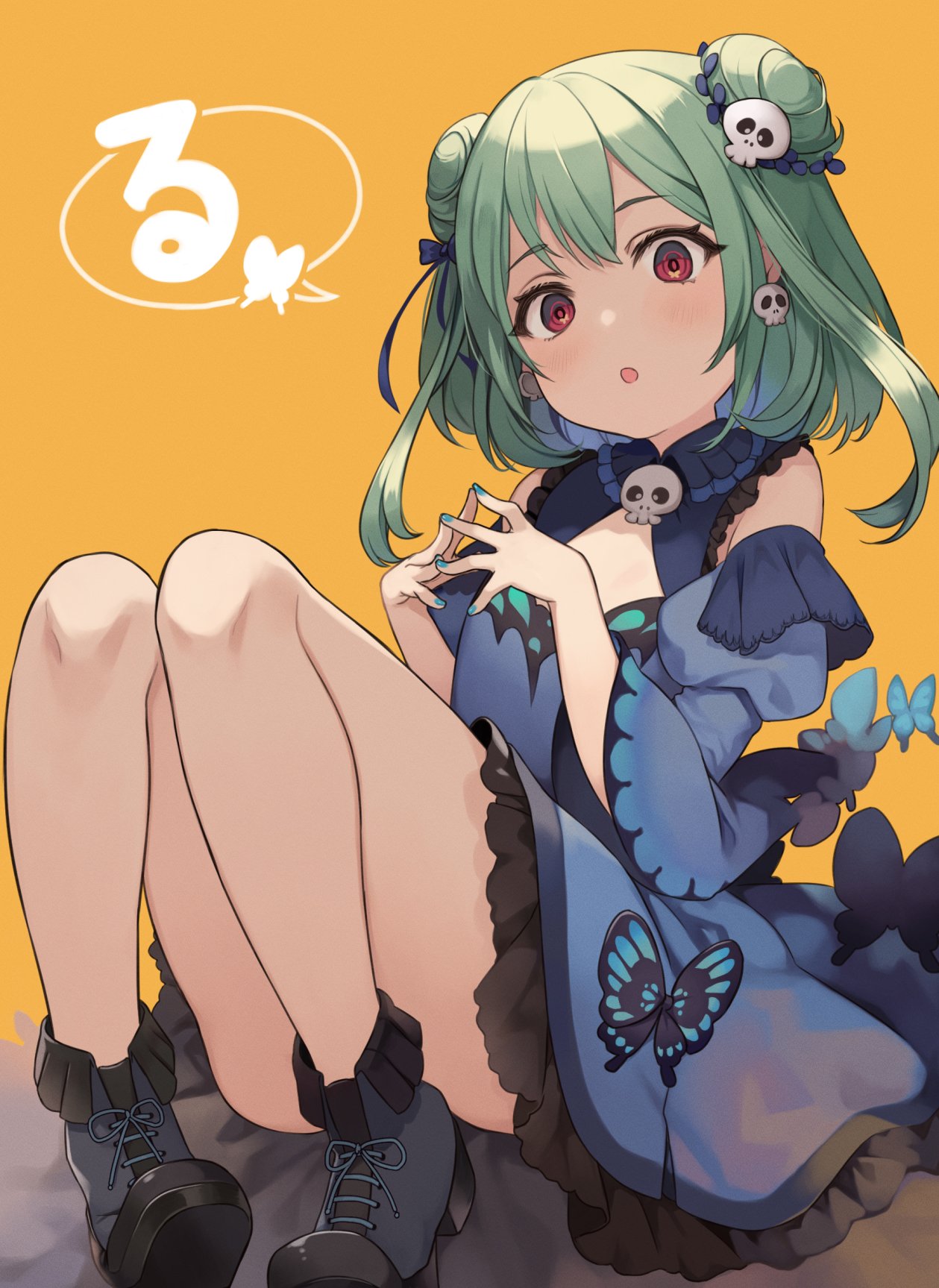 1girl, animal_print, bangs, bare_shoulders, blue_dress, blush, bow, breasts