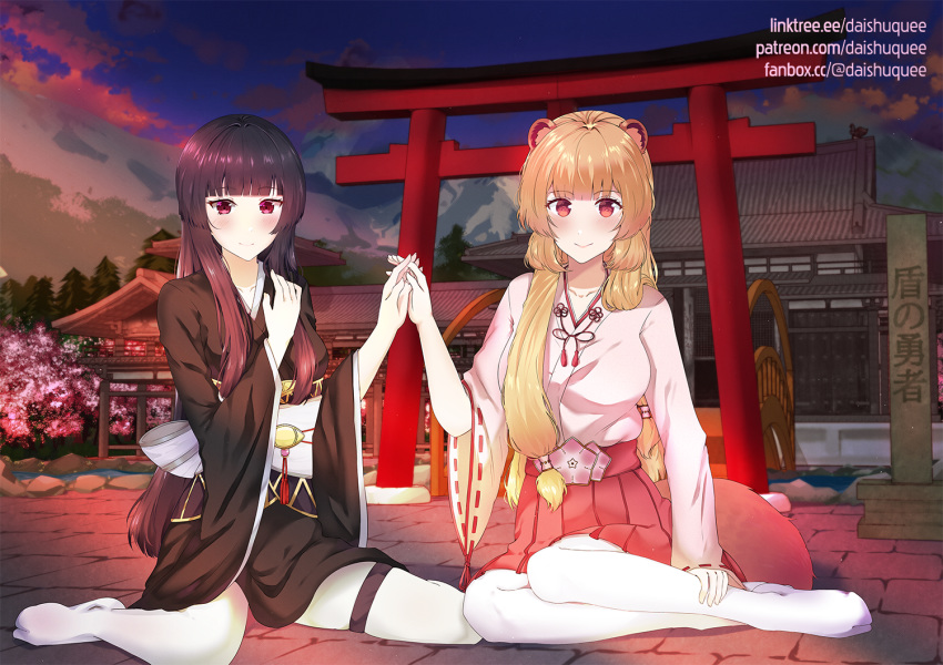2girls, animal_ears, black_hair, black_kimono, blush, brick_floor, bridge, closed_mouth