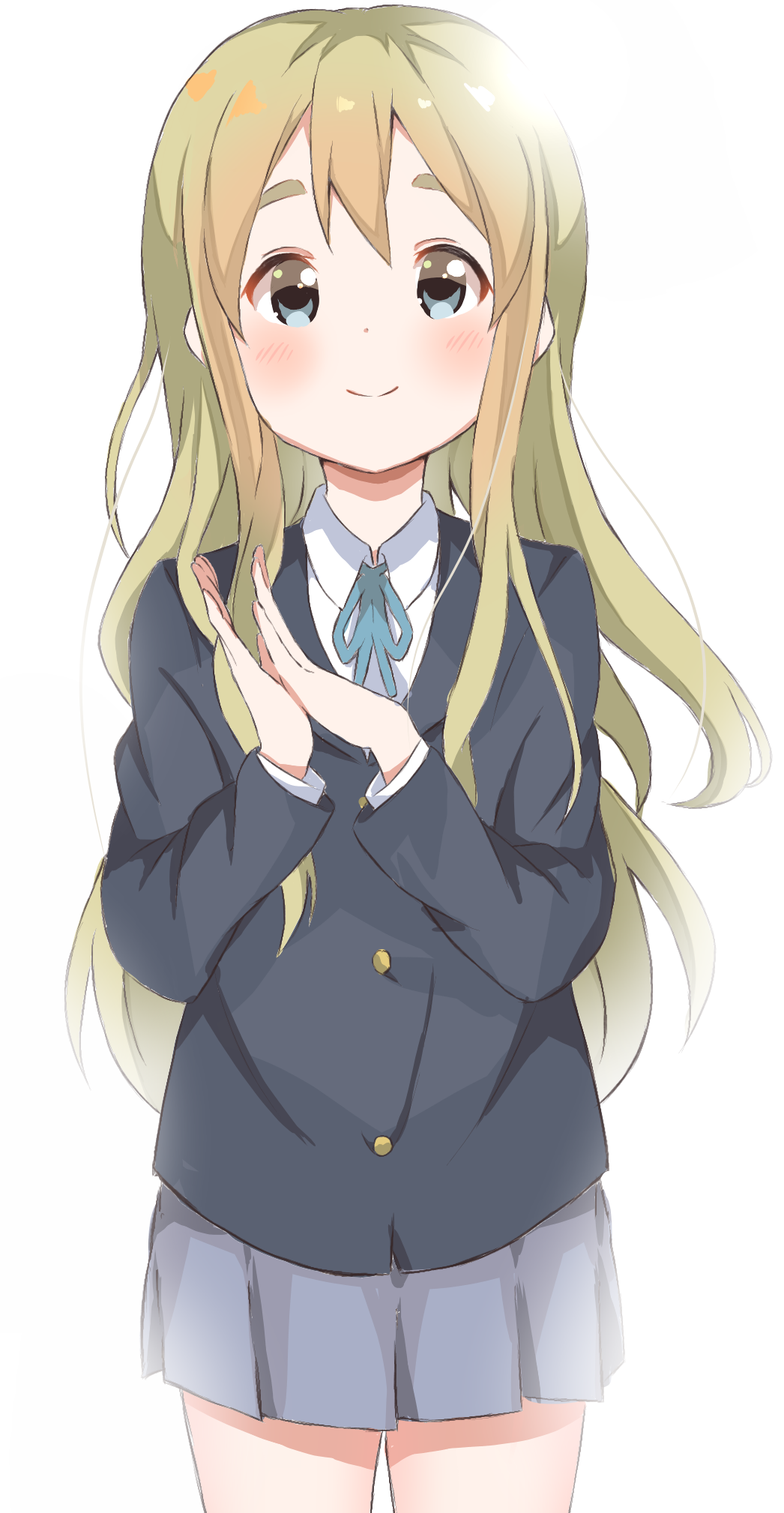 1girl, bangs, black_jacket, blazer, blonde_hair, blue_eyes, blue_ribbon, blue_skirt