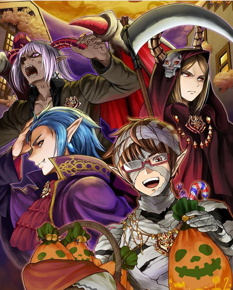4boys, ;d, artist_request, bag, basket, berwick_(grand_summoners), blue_hair, brown_eyes, brown_hair, candy, candy_cane, cosplay, cravat, crest, dark_skin, dark_skinned_male, demon, dracula, dracula_(cosplay), duke_(grand_summoners), earrings, fangs, food, frankenstein's_monster, frankenstein's_monster_(cosplay), glasses, grand_summoners, halloween, halloween_costume, horns, jewelry, multiple_boys, mummy_costume, necklace, one_eye_closed, open_mouth, outdoors, pointy_ears, red-framed_eyewear, red_neckwear, robe, smile, source_request, thetis_(grand_summoners), vox_(grand_summoners)