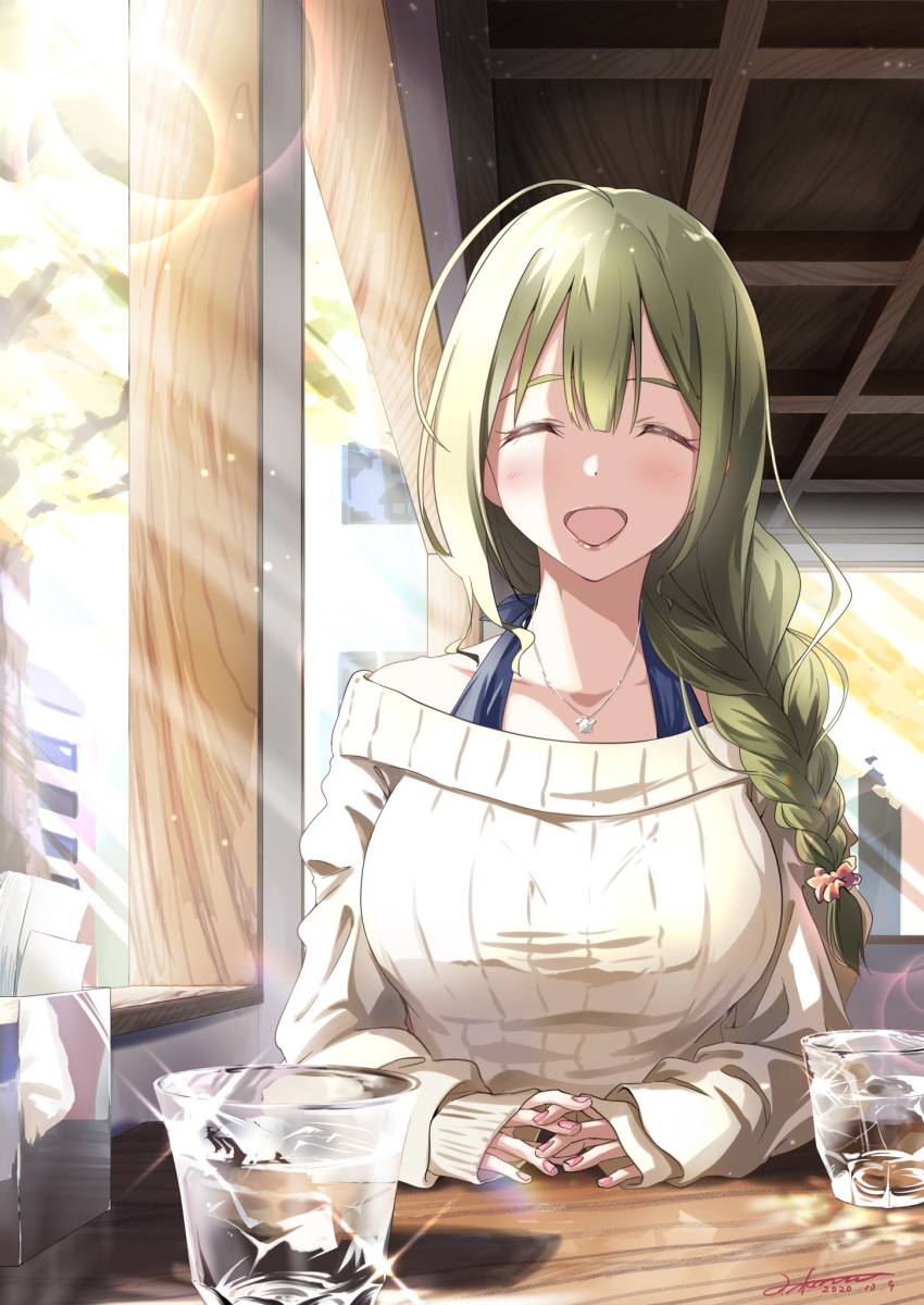 1girl, :d, ^_^, ahoge, akane_(getwild23), bangs, beige_sweater, blush