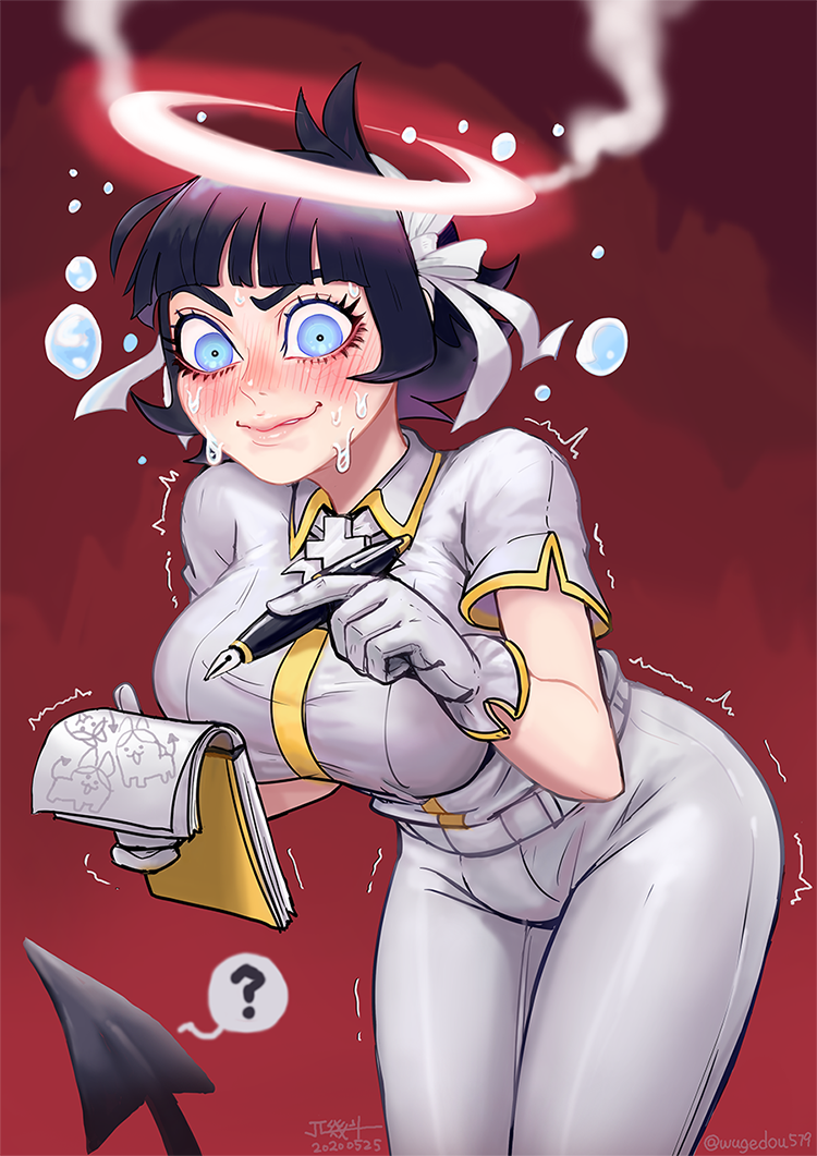 ?, angel, artist_name, azazel_(helltaker), bangs, black_hair, blue_eyes, blunt_bangs, bow, breasts, cross, dated, demon_tail, gloves, hair_bow, halo, helltaker, large_breasts, leaning_forward, pants, pen, red_background, shaking, short_hair, short_sleeves, sketchbook, smile, steam, sweat, sweating_profusely, tail, white_bow, white_gloves, white_pants, wugedou