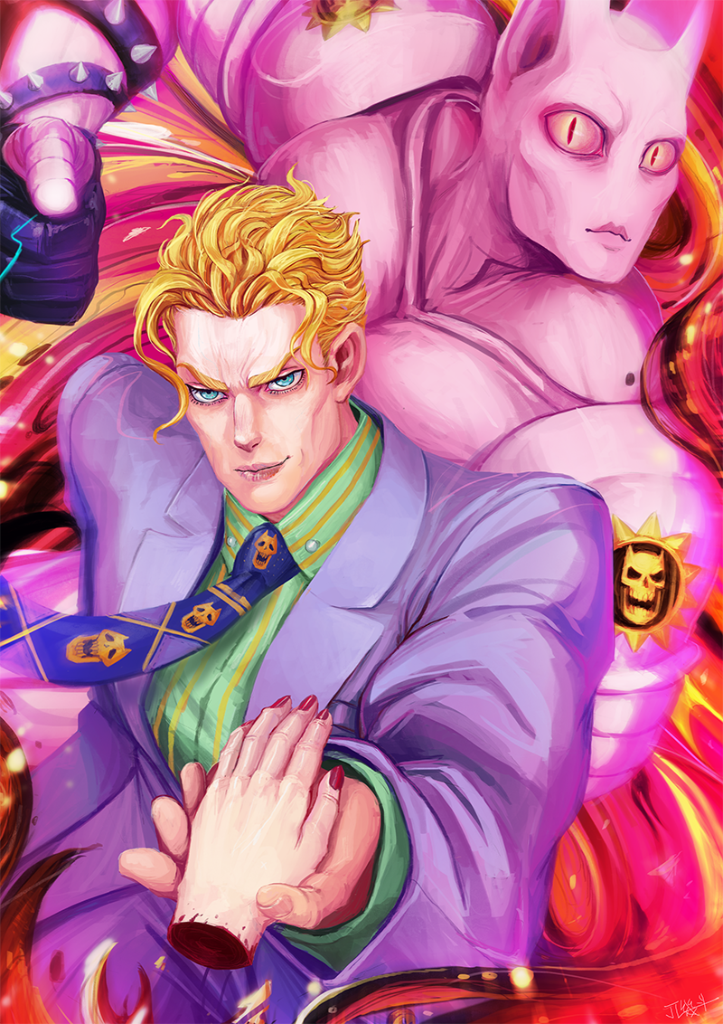 1boy, blonde_hair, blue_eyes, bracelet, diamond_wa_kudakenai, formal, green_shirt, hands