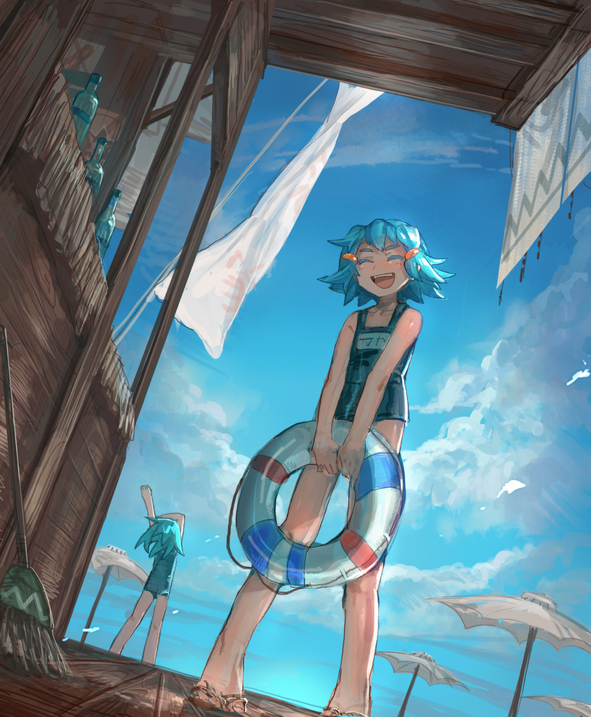 2girls, :d, akari_(shichigatsu), beach, beach_umbrella, blue_hair, blue_sky, blue_swimsuit