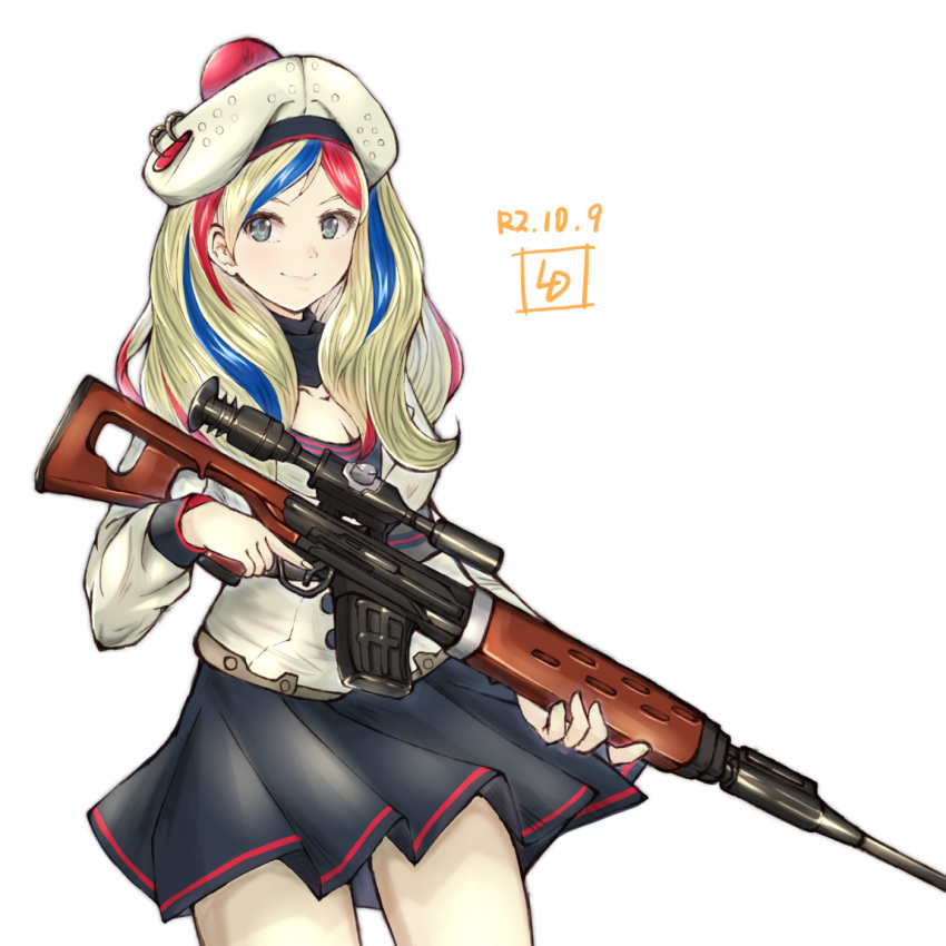 1girl, aqua_eyes, bangs, belt, beret, blonde_hair, blue_hair, commandant_teste_(kantai_collection), cowboy_shot, dated, double-breasted, dress, gun, hat, highres, holding, holding_weapon, initial, jacket, kantai_collection, ld, long_hair, multicolored_hair, pom_pom_(clothes), redhead, rifle, scarf, streaked_hair, swept_bangs, wavy_hair, weapon, white_background