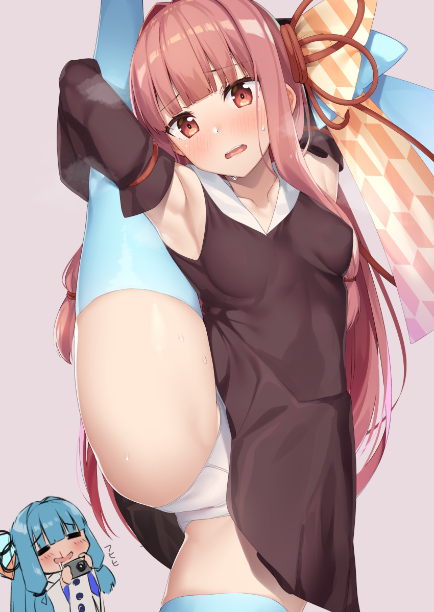 2girls, :d, =_=, absurdres, armpits, arms_up, ass_visible_through_thighs, bangs