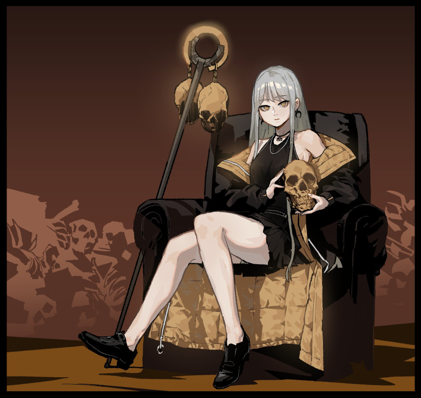 1girl, armchair, bare_shoulders, black_border, black_footwear, black_jacket, black_shirt, black_skirt