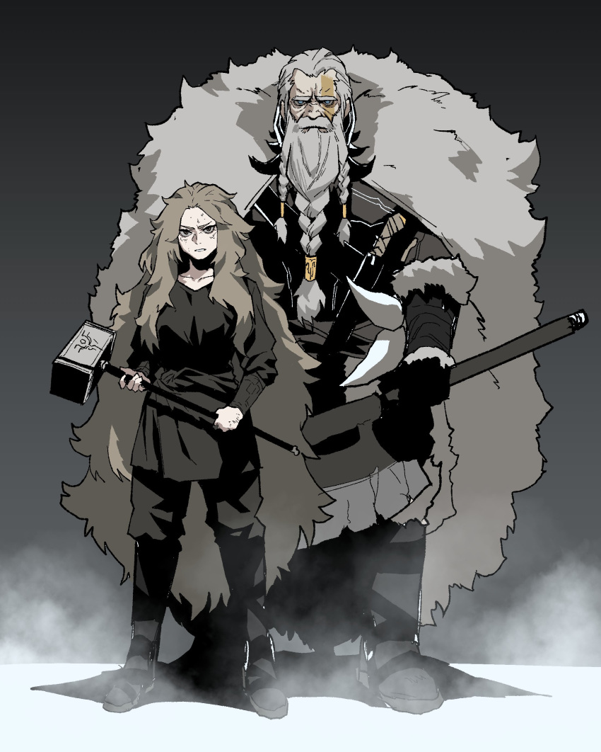 1boy, 1girl, absurdres, beard, black_pants, black_shirt, blonde_hair, blue_eyes