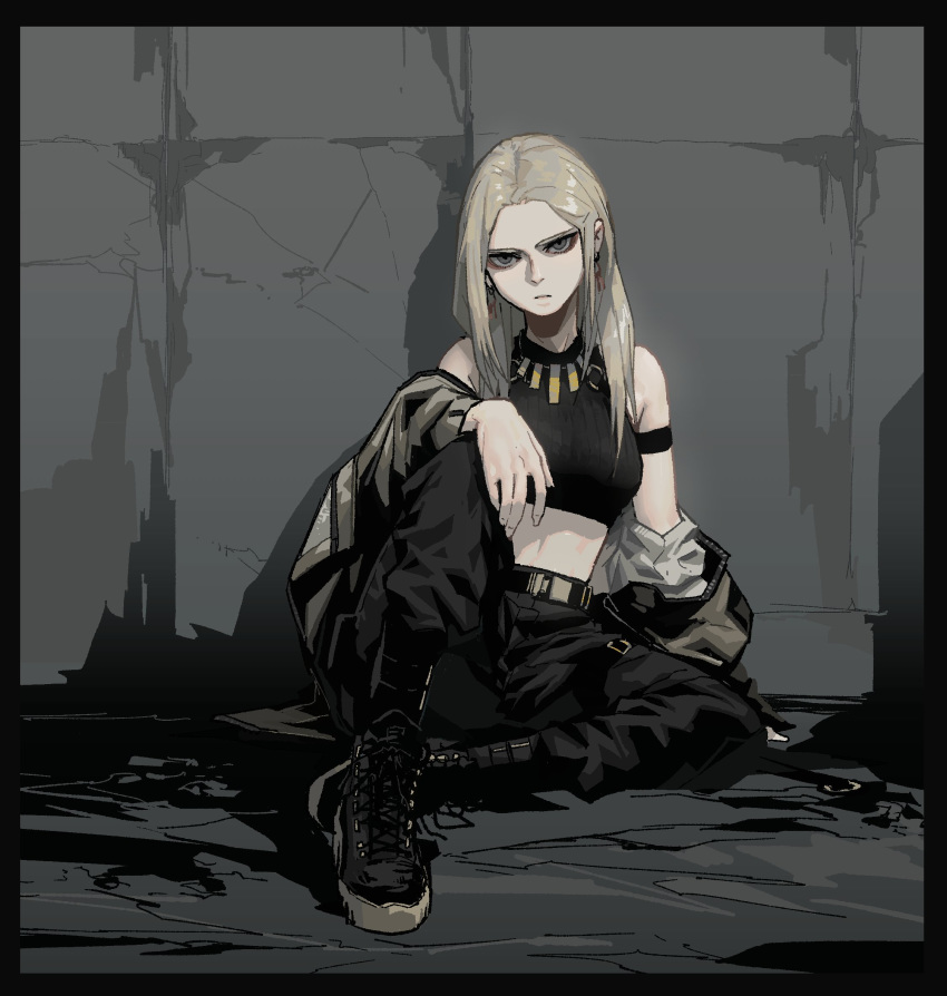 1girl, arm_strap, bare_shoulders, belt, black_border, black_pants, blonde_hair, border