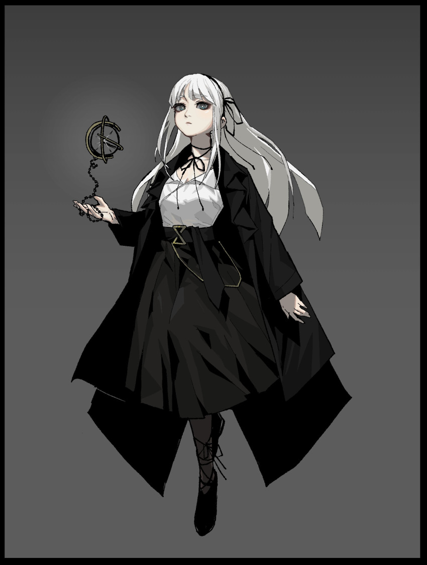 1girl, absurdres, bandana, black_border, black_coat, black_footwear, black_neckwear, black_ribbon, black_skirt, border, bright_pupils, closed_mouth, coat, floating, francisca_(gogalking), gogalking, grey_background, grey_eyes, grey_legwear, hair_ribbon, highres, long_hair, long_sleeves, looking_at_viewer, neck_ribbon, open_clothes, open_coat, original, pantyhose, ribbon, shirt, shoes, simple_background, skirt, solo, telekinesis, white_hair, white_pupils, white_shirt