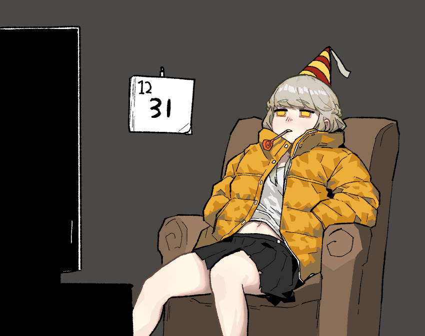 1girl, armchair, black_skirt, braid, calendar_(object), chair, closed_mouth, commentary