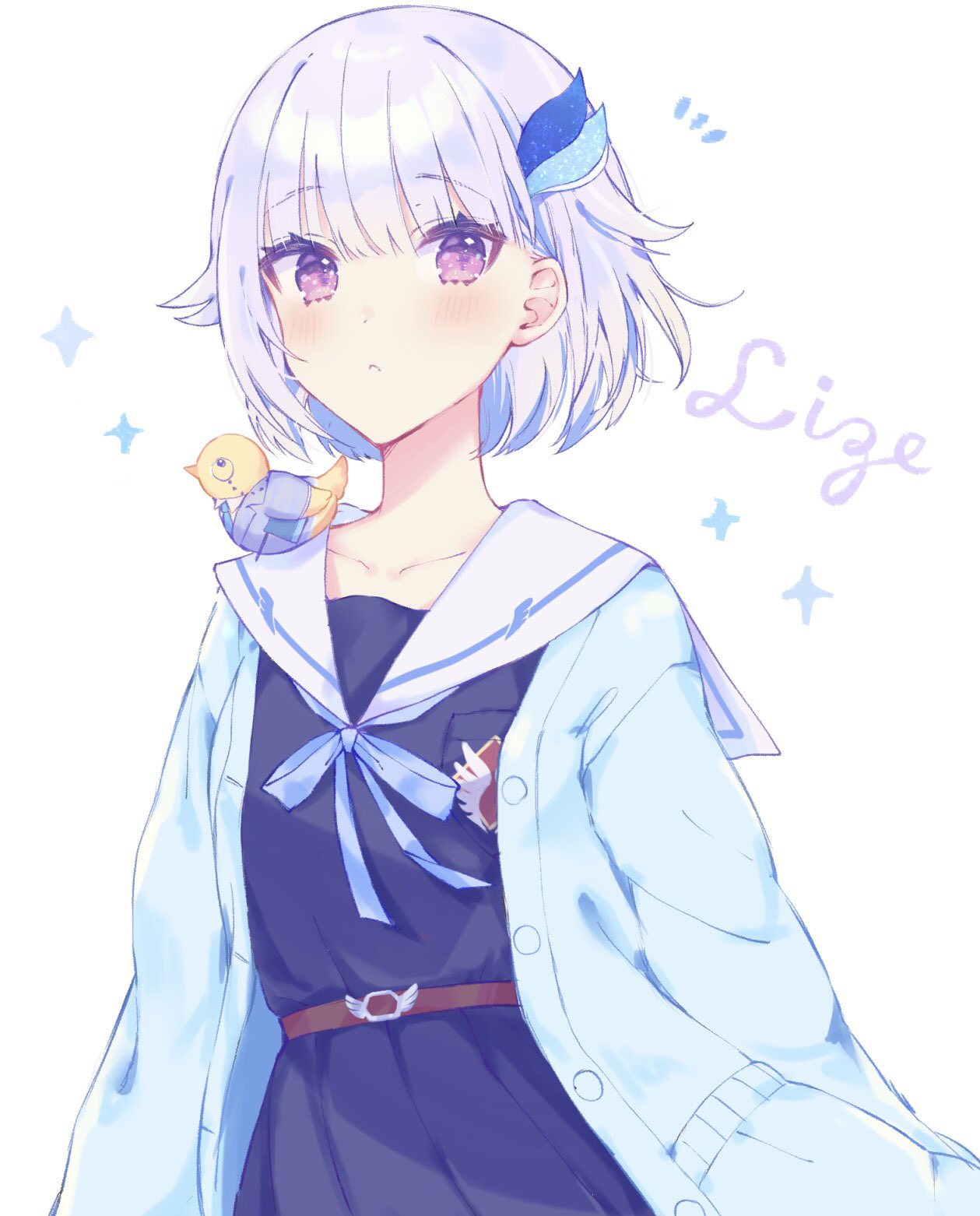 1girl, bird, blue_hair, closed_mouth, hair_ornament, highres, jacket, lize_helesta