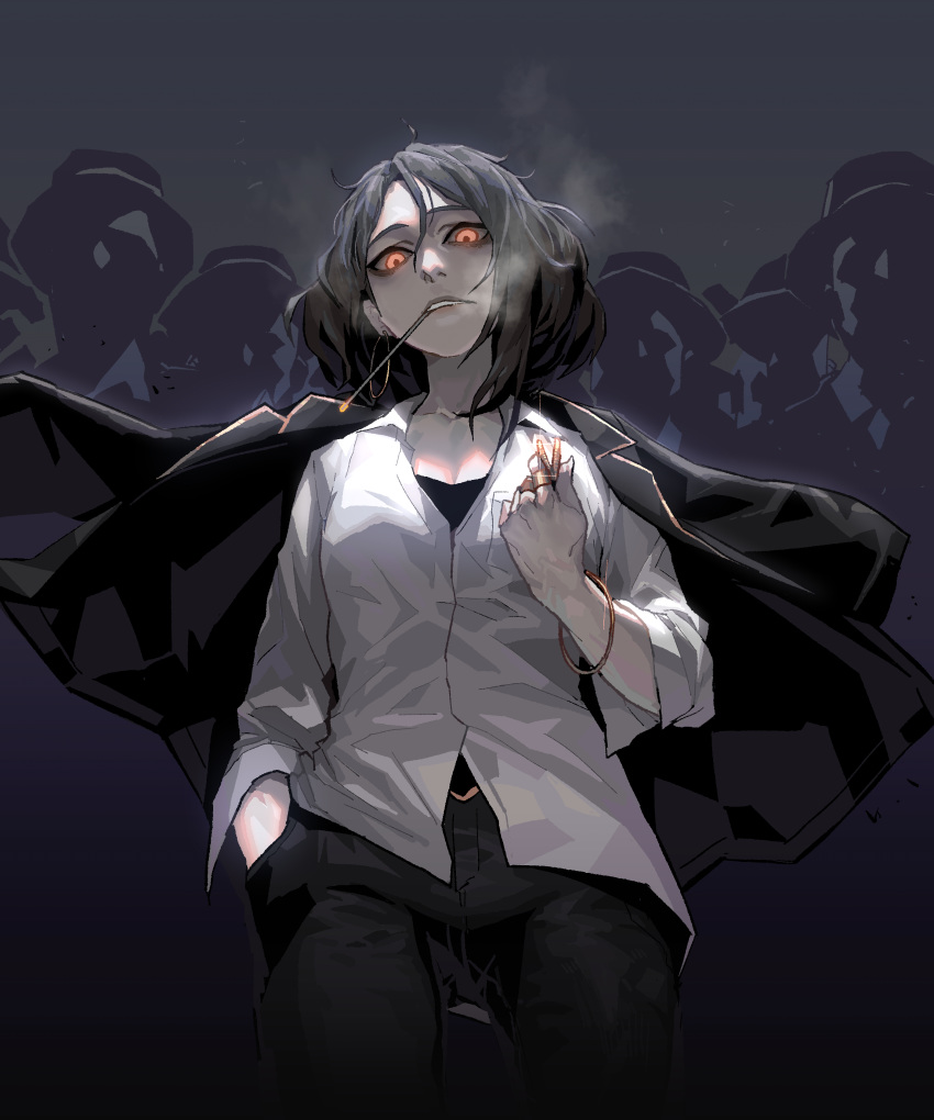 1girl, absurdres, bags_under_eyes, big_hair, black_hair, black_jacket, black_pants, bracelet
