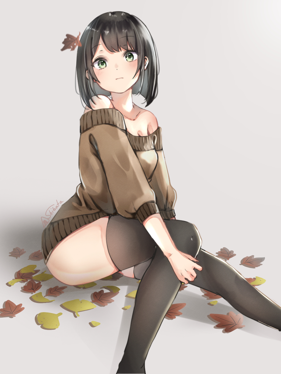 1girl, autumn_leaves, black_hair, bob_cut, falling_leaves, green_eyes, highres, leaf