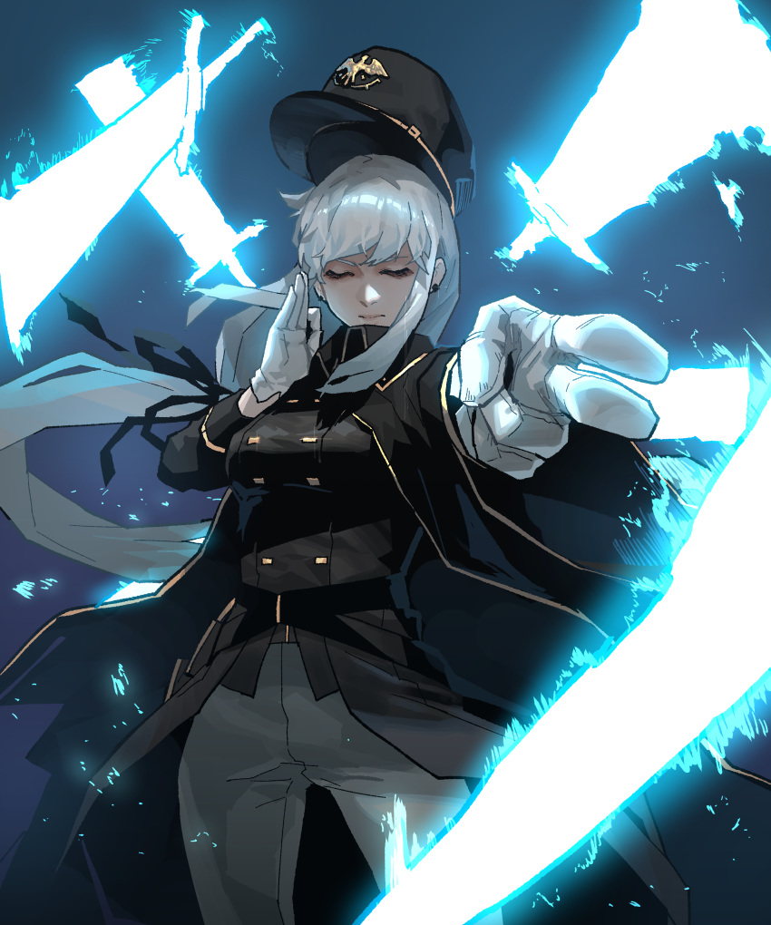 1girl, absurdres, black_coat, black_headwear, black_jacket, black_ribbon, closed_eyes, closed_mouth