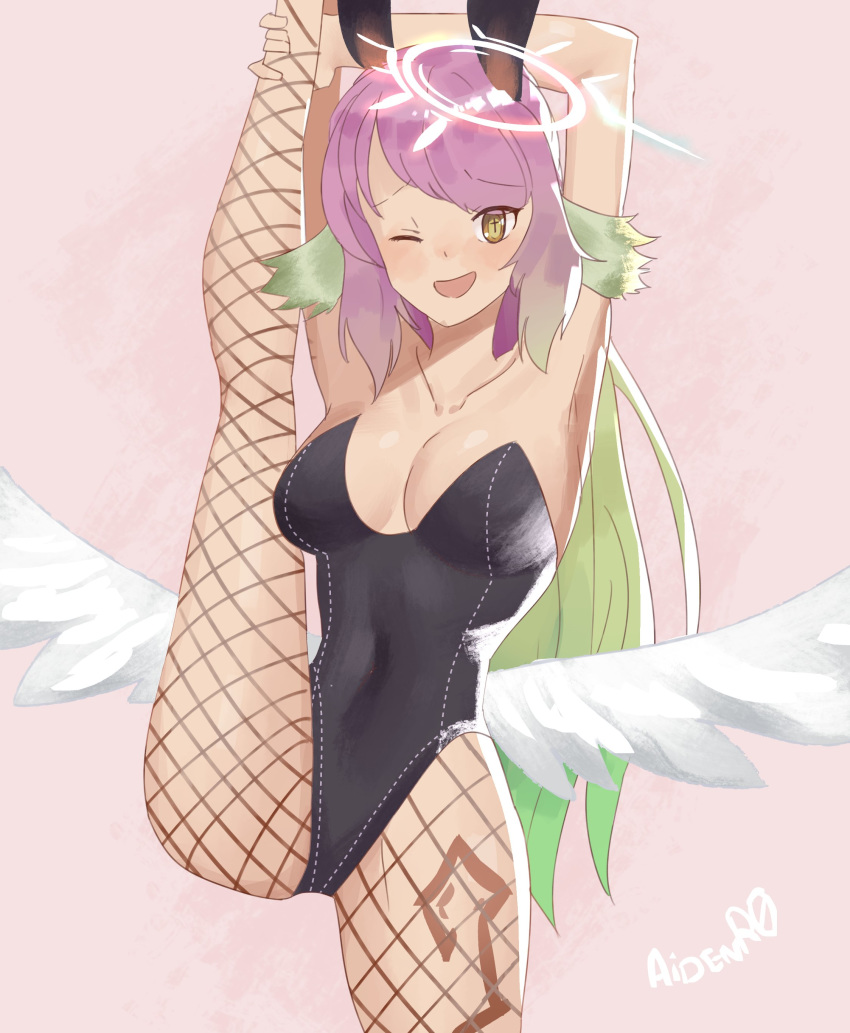 1girl, absurdres, aidenr0, angel_wings, animal_ears, armpits, arms_behind_head, artist_name