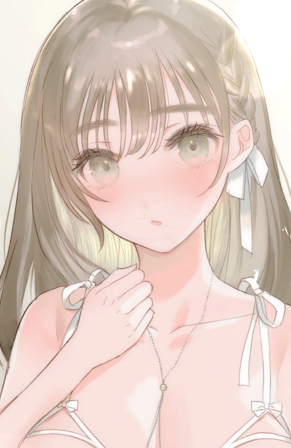 1girl, :o, bangs, bare_arms, bare_shoulders, blush, bow, bow_bra, bra, braid, breasts, close-up, collarbone, commentary, commission, cupless_bra, english_commentary, eyebrows, eyebrows_visible_through_hair, eyelashes, green_eyes, green_ribbon, hair_ribbon, hand_on_own_chest, highres, jewelry, light_brown_hair, long_hair, looking_at_viewer, makeup, mascara, medium_breasts, miyako_(xxxbibit), necklace, original, parted_lips, ribbon, shiny, shiny_hair, shiny_skin, simple_background, solo, straight_hair, symbol_commentary, underwear, upper_body, white_background, white_bow, white_bra