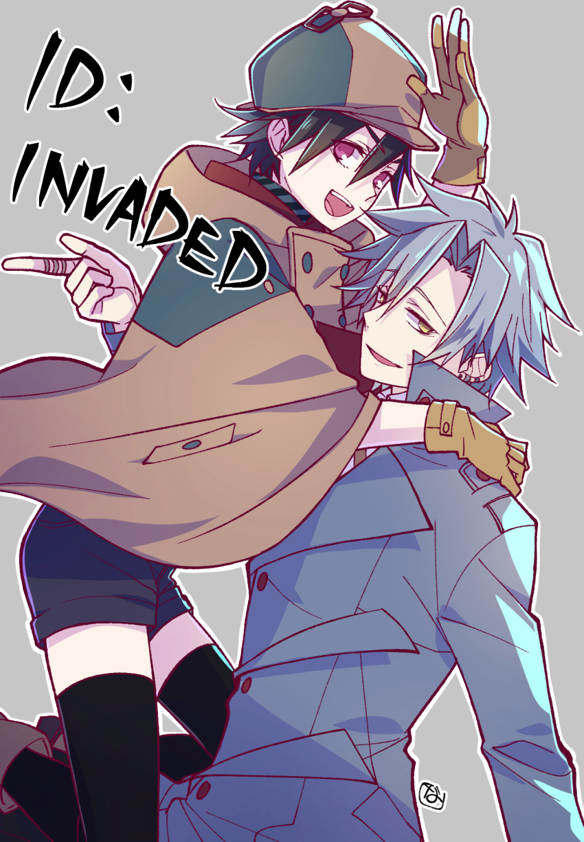 1boy, 1girl, black_hair, black_legwear, black_shorts, blue_coat, blue_hair, brown_coat