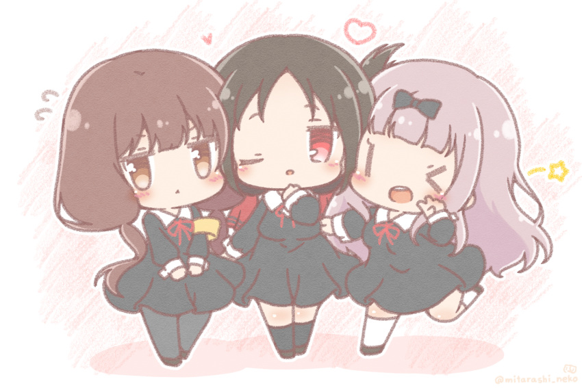 3girls, :d, :o, black_dress, black_hair, bow, breasts, brown_eyes, brown_hair, chibi, commentary_request, dress, fujiwara_chika, full_body, hair_bow, heart, highres, iino_miko, kaguya-sama_wa_kokurasetai_~tensai-tachi_no_renai_zunousen~, long_hair, long_sleeves, looking_at_viewer, low_twintails, mitarashi_neko_(aamr7853), multiple_girls, neck_ribbon, one_eye_closed, open_mouth, pink_hair, red_eyes, red_ribbon, ribbon, school_uniform, shinomiya_kaguya, shuuchiin_academy_uniform, smile, standing, star_(symbol), triangle_mouth, twintails, |_|