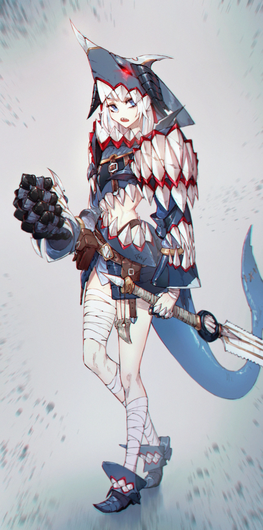 1girl, abs, absurdres, adapted_costume, alternate_height, armor, bandaged_leg, bandages, blue_eyes, clenched_hand, english_commentary, gawr_gura, helmet, highres, holding, holding_sword, holding_weapon, hololive, hololive_english, jin_grey_paladin, looking_at_viewer, navel, open_mouth, redesign, shark_tail, sharp_teeth, solo, sword, tail, teeth, virtual_youtuber, walking, weapon, white_hair