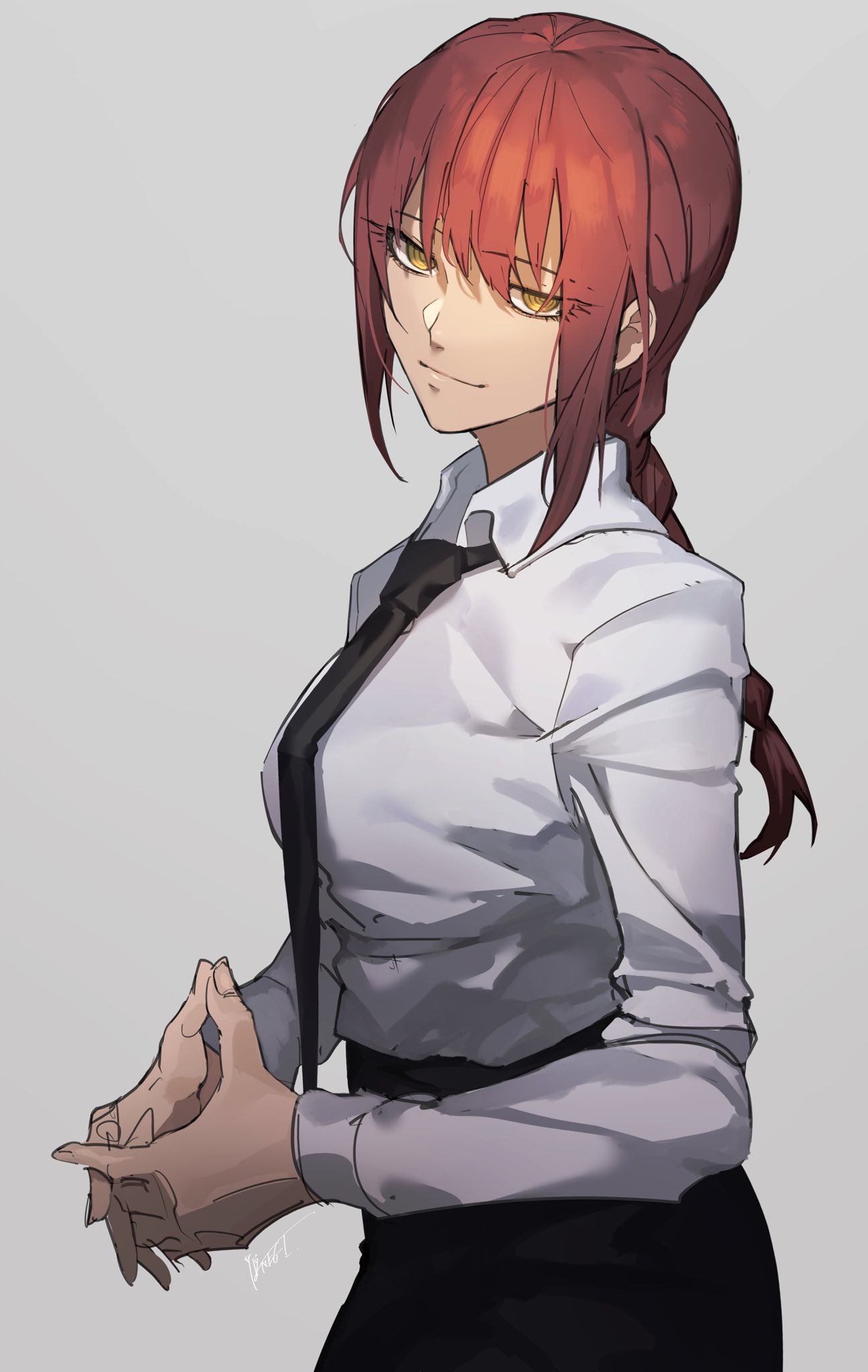 1girl, black_suit, braid, braided_ponytail, brown_hair, business_suit, chainsaw_man, collared_shirt